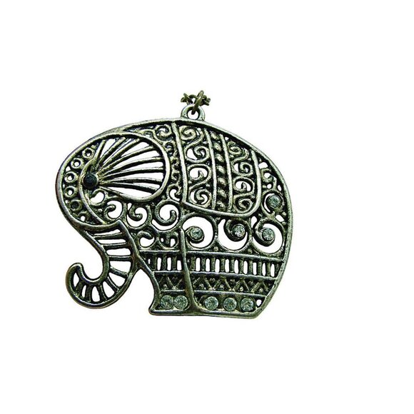 Elephant Pendant Necklace with Rhinestone Crystals Brass Filigree 15" Vintage - Picture 5 of 10